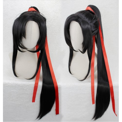 Men's chinese traditional hanfu cosplay wig ancient  swordsman knight stage performance cosplay wig headdress with red ribbon